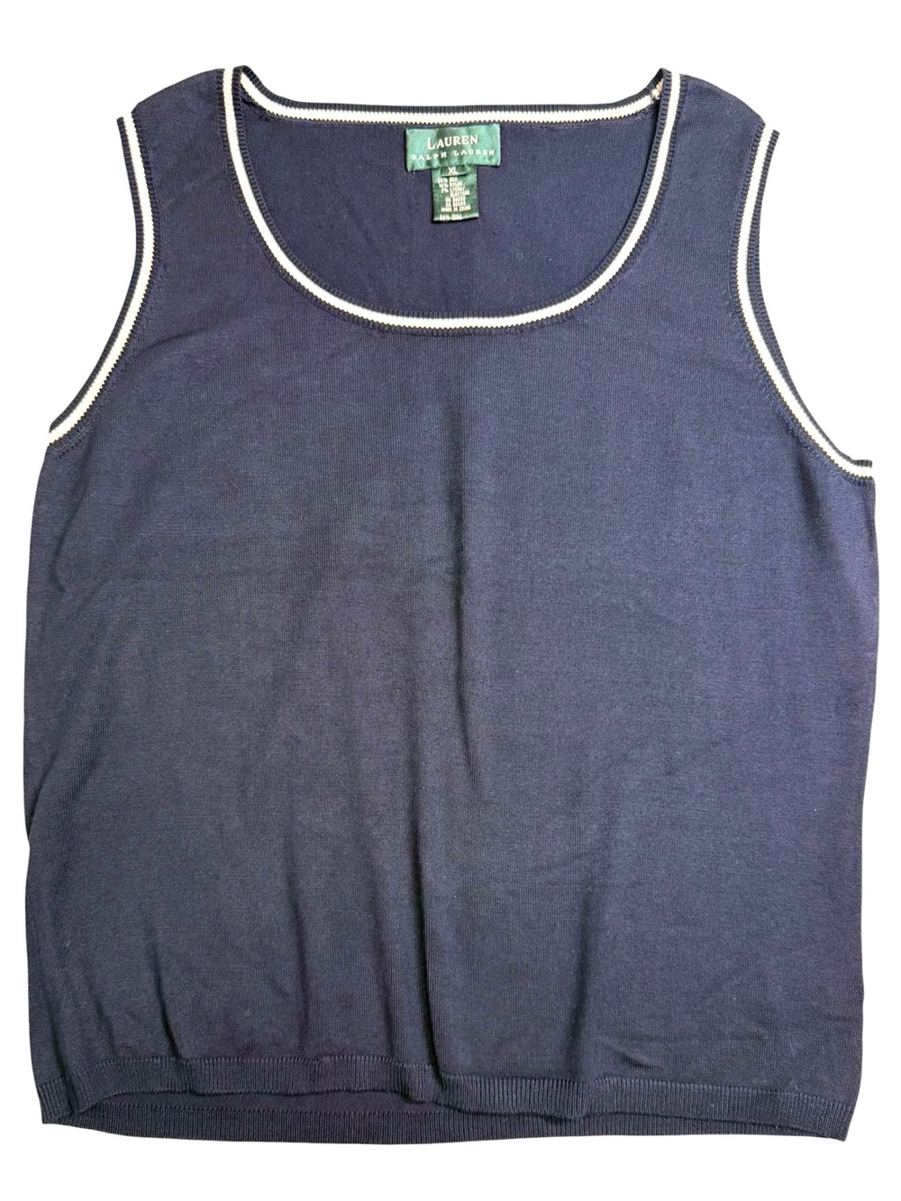 Lauren Ralph Lauren XL Silk Blend Sweater Tank Navy Cream Trim Sleeveless